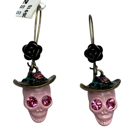 NWOT Betsey Johnson Lady Luck Girly Skull Cowgirl Sparkling Earrings - Picture 1 of 3